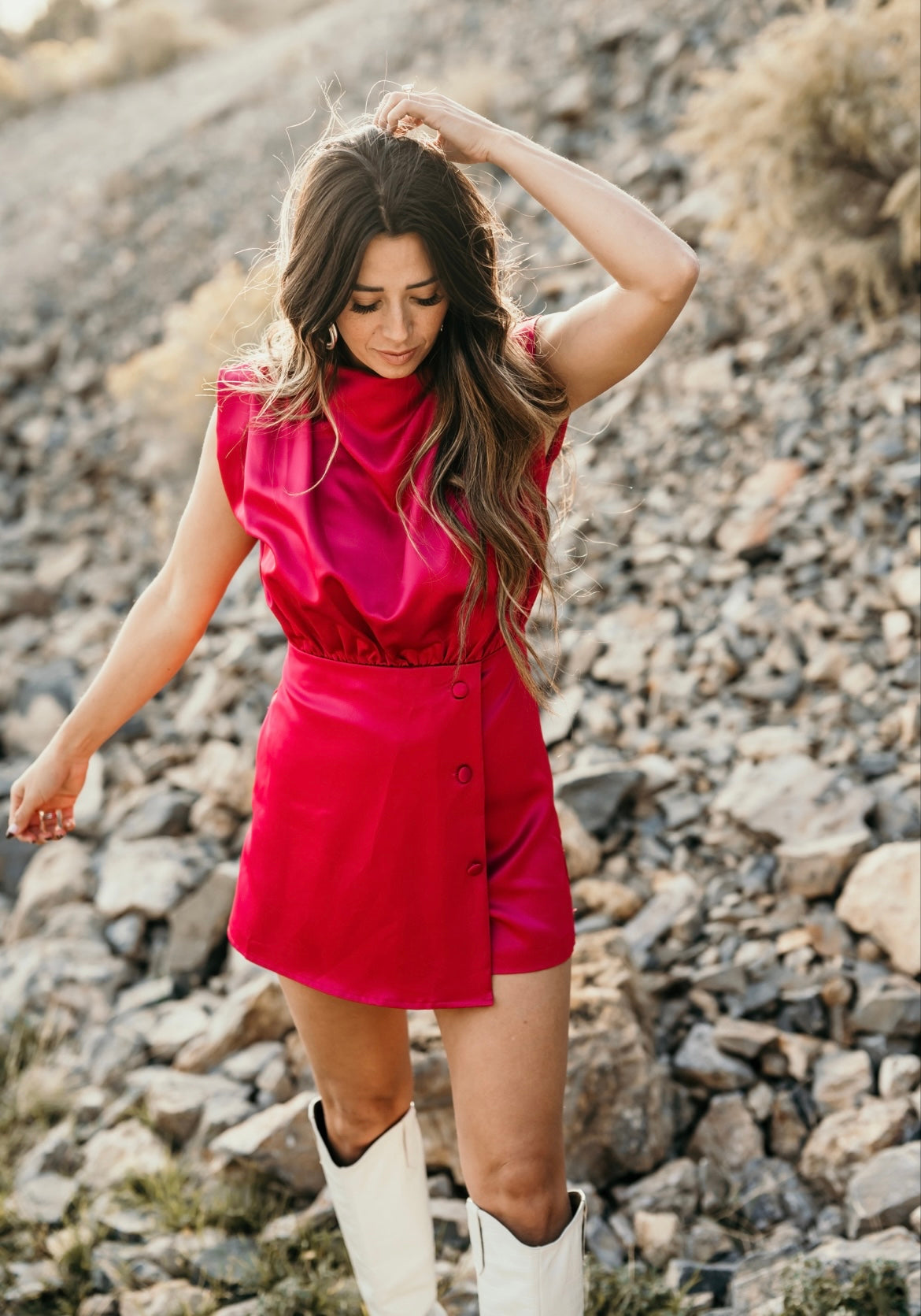 Solid Satin Button Romper - MAGENTA