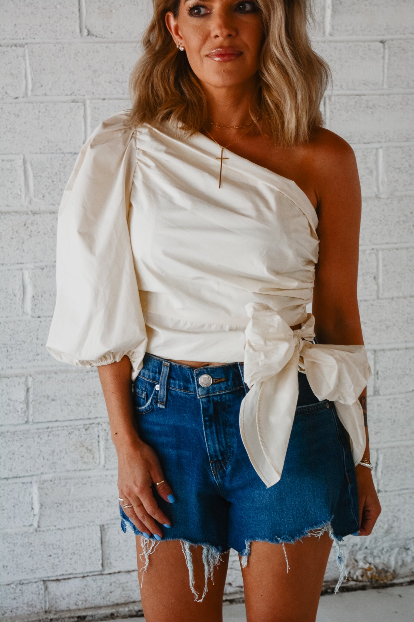 Solid Poplin One Shoulder Knot Top