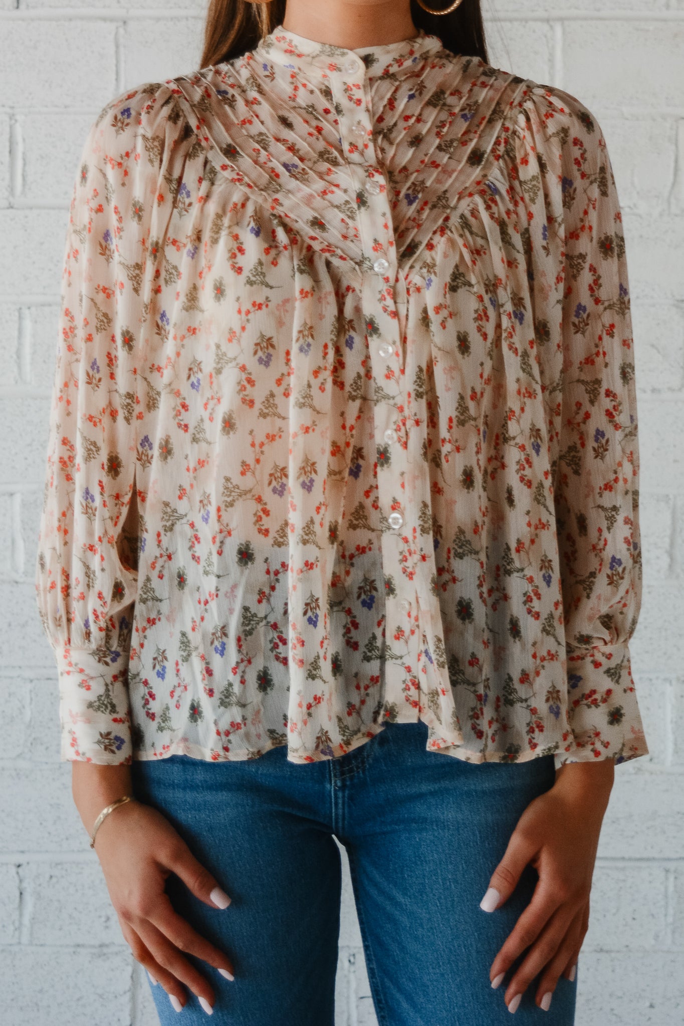 Vintage Floral Vine Pleat Chiffon Top